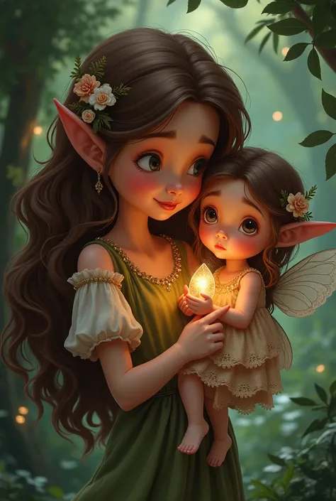 Nilda , A fairy with long wavy brown hair with lights,  Worried ,  holding their little daughter , Mimim,  a fairy baby with curious eyes and a charming smile  ( and the beautiful mania to bite everything she sees ahead ).  She felt that the fragility of t...