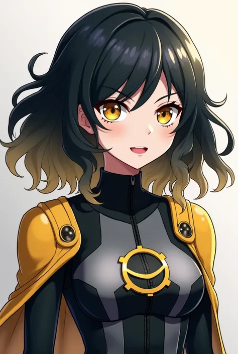  A female character , style from the anime Boku no Hero Academia , White skin color, wavy black hair with patches on the tips blonde ,large hair size , yellow eye color and your outfit has to be a hero costume that resembles the anime,black in color,gray a...