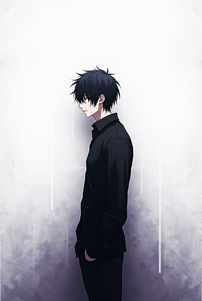  A male character alone, messy black hair, all black shirt,  white background, gray borders with a purple ,anime-like character .