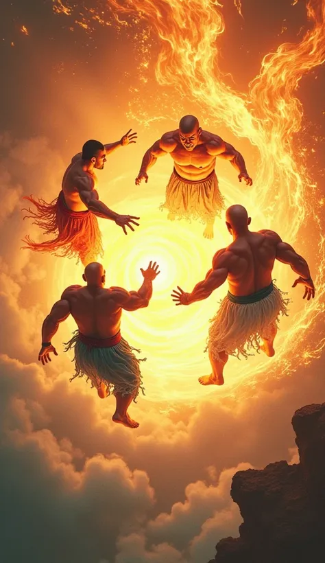 (((Drone view))) ((aerial view)) (from above) Four stocky, muscular middle-aged men, a fire bender in red loincloth, water bender in blue loincloth, air bender in white loincloth and earth bender in green loincloth  channels their immense power into a humo...