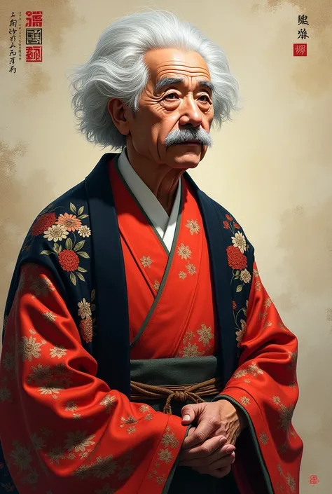 an asian version of albert einstein wearing an red and black yukata