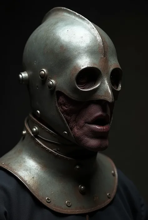 The helm of agony a medieval torture device that covers the head .steel visor blindfold that has been stapled to the skull It has small attachments and rivets visible connected to A hard metal posture collar extending from under the chin down over the clav...