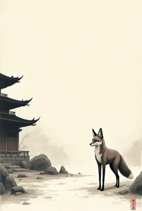 Tibetan fox walking on two legs、Ancient Japan、Mr.々A pose, flat art, ink painting art style、 MONOCHROME 、 are expressionless、