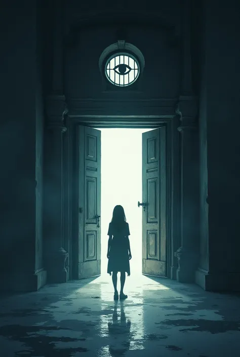  The cover may show an enigmatic scene of an ancient and imposing door ,  ,  with a soft light illuminating the space beyond ,  suggesting something unknown and tempting .  The door may be situated in a dark corridor or in a school environment ,  with shad...