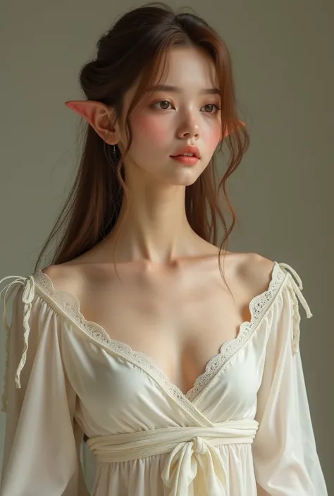 Elf man, tender, rostro tender,  brown hair,  realistic face, High quality,  slim body, white robe covering her body,  exposed waist ,  thin waist , High quality, elves, fancy 