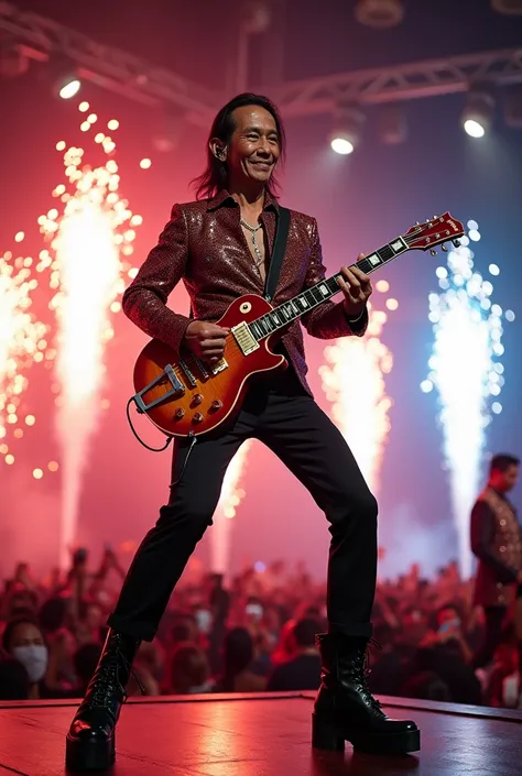 jokowi, Jokowi faces, skinny, wearing kiss glam rock attributes, in the stage full of crowd, play electric guitar on stage, shredding, fireworks on the background