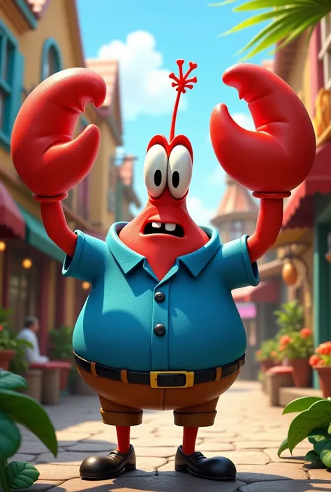 Mr krabs hibicus flower blue shirt in town  