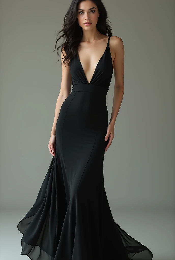  A super realistic woman modeling a black dress, the woman has to have her full body .