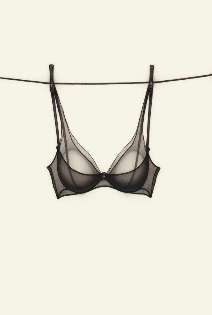 Create a minimalist charcoal drawing for an album cover, featuring a single, delicate piece of fine silk lingerie, such as a soft, structured bra or similar garment, gently hanging from a clothesline. The fabric should have an almost transparent quality, w...