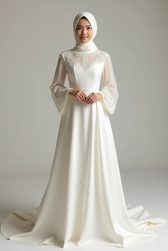 Description:
A simple and elegant wedding dress designed for a modest bride wearing the hijab. It features a straight cut with a light and soft tail without being fluffy. The fabric is soft in ivory or pearl white, with fine details such as fine embroidery...