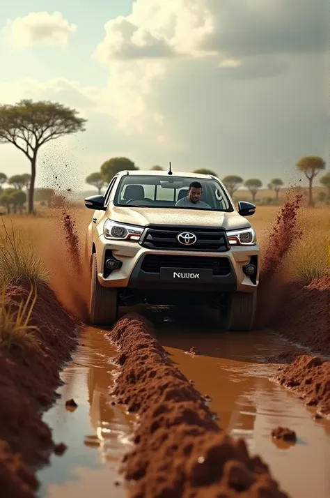 TOYOTA HILUX Black man with sporty features drifting in the mud in Africa 