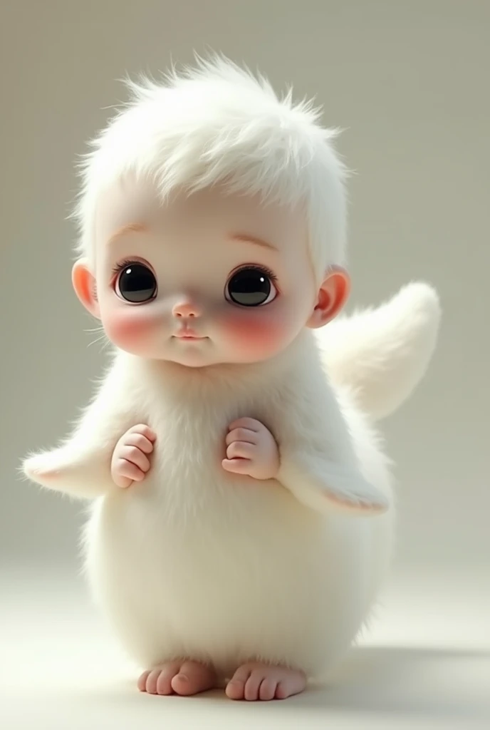 A human baby with a white, furry seal tail,  with its white hair and super cute shiny black eyes