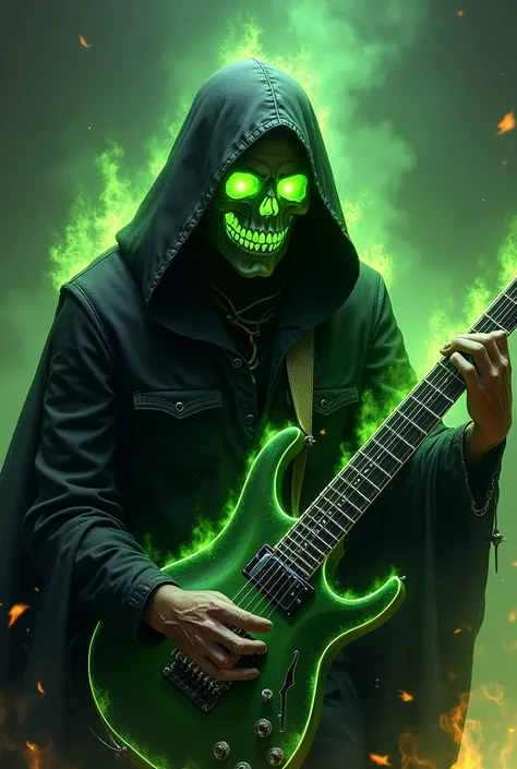 Give me a picture of a bright green skull accompanied by fire and using a black robe and is playing a guitar