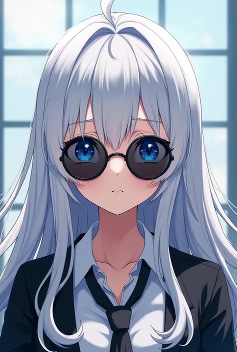 Create me Gojo Saturus sister with long white hair and blue eyes with white eyelashes and round black sunglasses