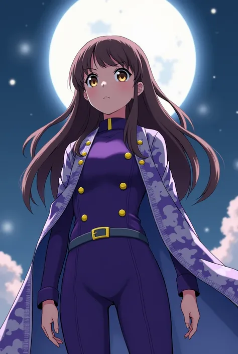  Screenshot of My hero Academia .
Light brown-eyed girl with long, strong brown hair looking at the moon and wearing a strong purple suit with yellow buttons and a haori seleste with clouds