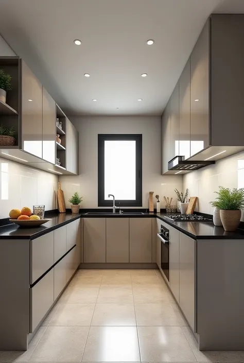  You have an image of a kitchen against the L-shaped back wall (NO EN U )
 Objects to contain :

1.  Grey-brown floors ,  of very large tiles .
2. Alacenas de melamina  taupe linen  que lleguen hasta el techo,  without reliefs ,  or other cupboards of anot...