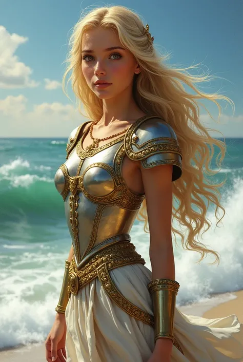 A beautiful young blonde teen with long golden hair,  brown-eyed ,  hair wearing gold and silver armor with details and draped skirt. Around the waves. sideways turn,  with a full body . Greek Mythology Style,  with aspect ratio 9 :16.