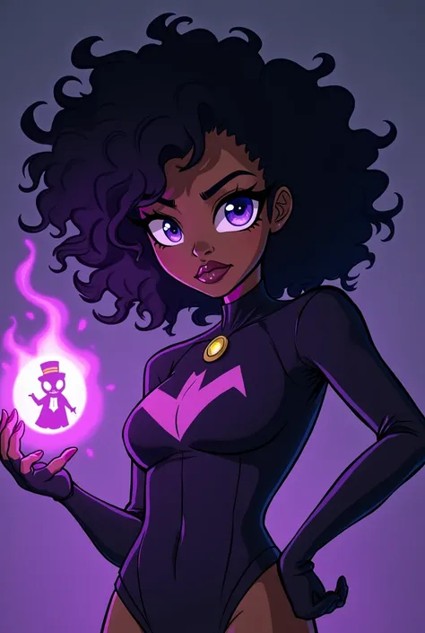  Create a black-skinned woman ,  eyes half drawn with the right of the color purple and the left blue,  curly black hair with purple highlights , wearing a heroine outfit ,  a serious expression while holding a purple aura in her hand. by your side,  a gho...