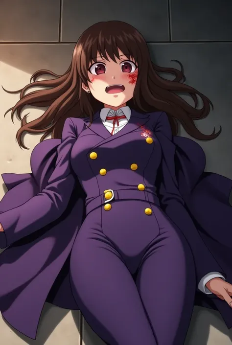  Screenshot of My hero Academia .
Eyeless girl with long hair and strong brown lying on the floor bleeding from her eyes and her mouth open and wearing a strong purple suit with yellow buttons and a haori seleste with clouds