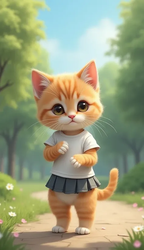  masterpiece , highest quality,animal,a little,,without humans,kitten:minuet,Plain t-shirt outfit and mini skirt, standing on the hind legs,The background is a park 