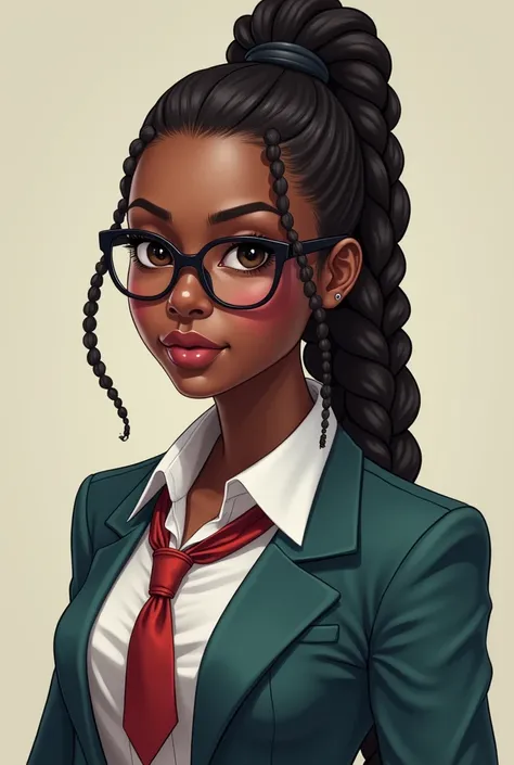 nerdy black  adult woman with  glasses ,braids , in a school uniform