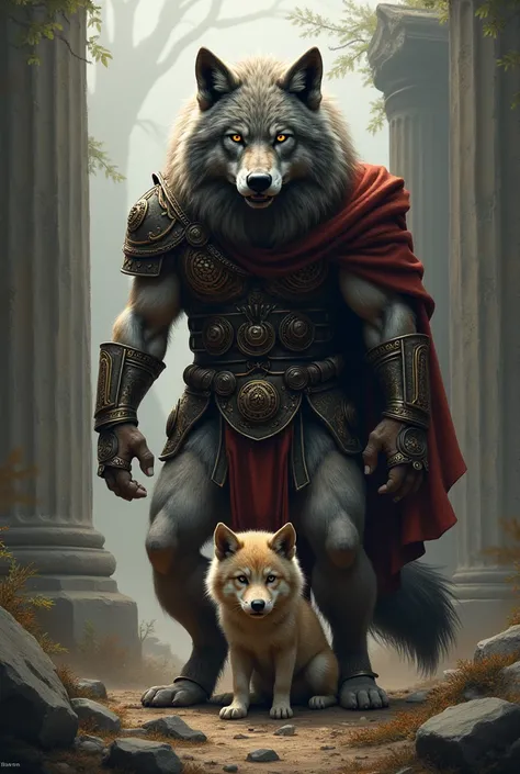 roman warrior wolf protects his cub