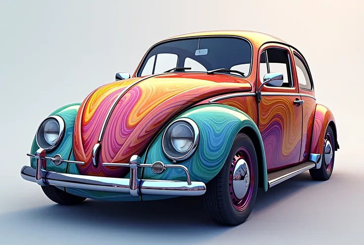 A hyper-realistic professional work of an artistic and decorative illustration of a stylized, rainbow-colored Volkswagen
Beetle designed with intricate, swirling patterns. The Volkswagen Beetles body is made up of flowing lines and shapes made from enamel....