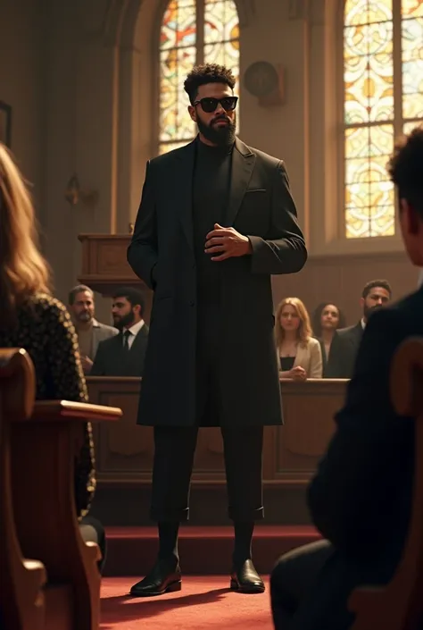 Bruno Mars at church listening to a pastor who wears black clothes and is bearded and wears dark glasses and socks 