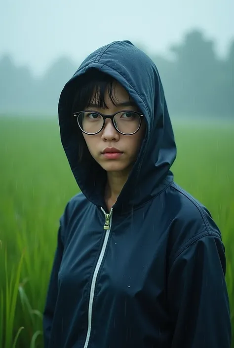 (Realistic) Realistic image (Asian woman), (Slim figure), (short hair), (White skin), (Dark Eyes), Wearing a navy blue hoodie, walking in heavy rain (Serious face), (Wear glasses), capture (Kodak color film style), Featured (Rough texture), Picturesque (Wi...