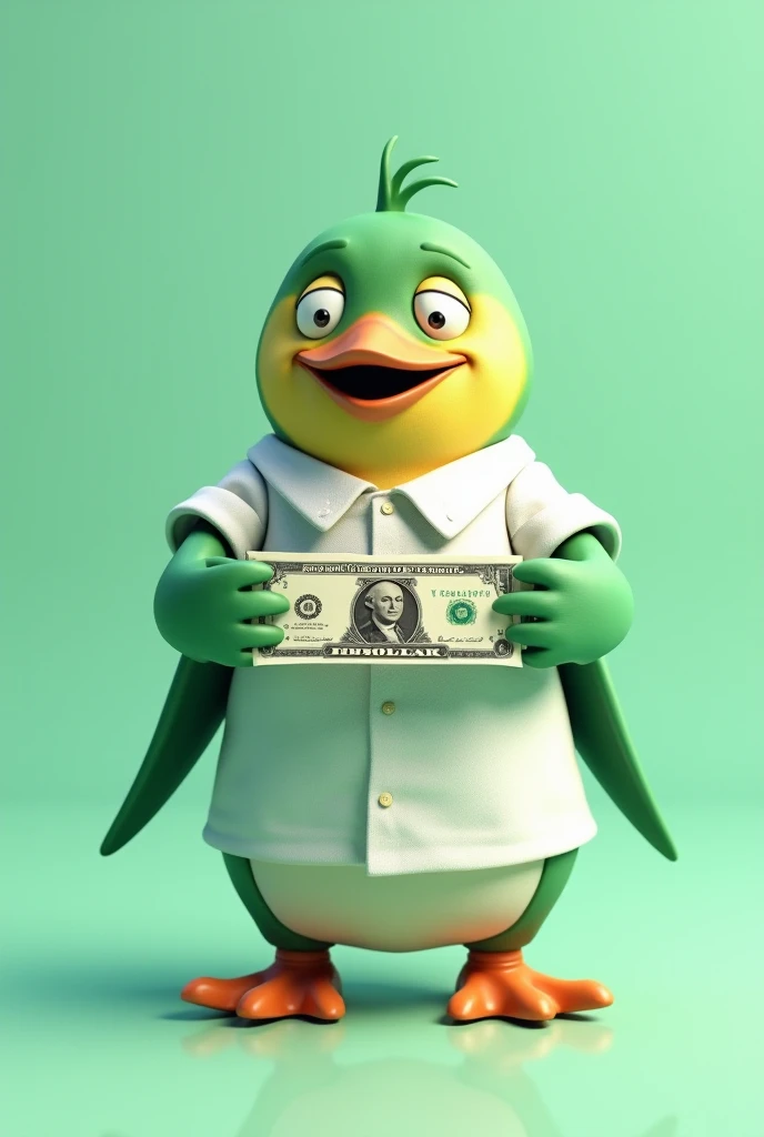 Picture of a green penguin holding a dollar