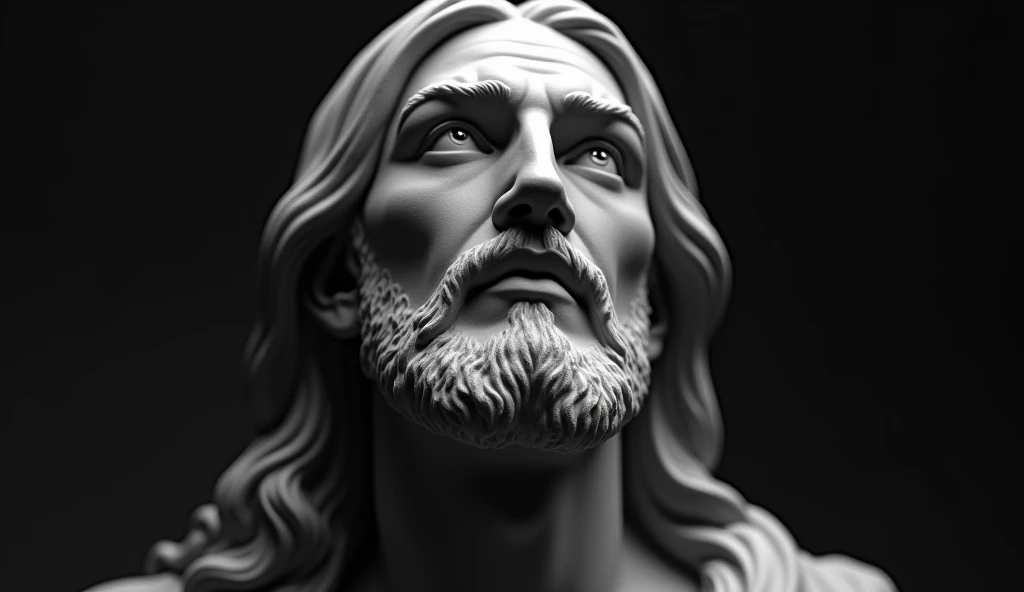 An ultra-realistic statue depicting Jesus Christ,  focusing on your face ,  looking up, black and white hd 4k 
