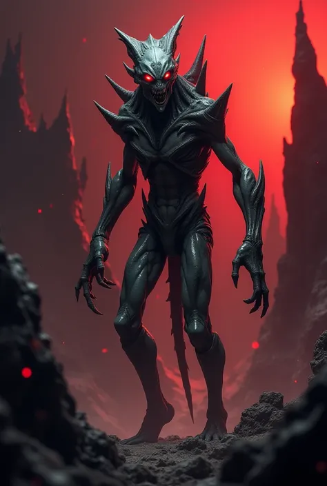 A fierce alien creature, the Mazarek, with a slender 1.6-meter-tall frame, grayish skin, sharp predatory features, elongated arms, and menacing glowing red eyes. The setting is a dark alien world with jagged rocks and a crimson sky.