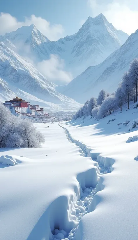 footprints in the snow in the mountains the word LHASA