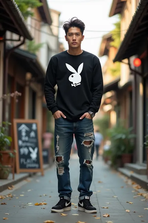  A handsome Korean man is standing next to a shophouse in a once narrow alley strewn with leaves ,  the man wears a black long-sleeved distro t-shirt with a picture of a playboy bunny jeans ripped Nike shoes.bright morning detailed and clear . large poto v...