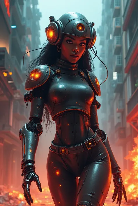 cyberpsycho woman yelling and hurting people, glowing eyes, lots of cyberware, african woman, robot arms and legs, cyberpunk glowing outfit, cyberpunk headpiece