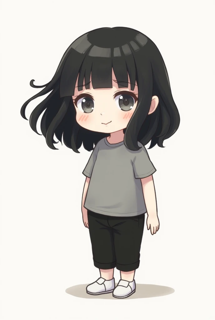 black hair, gray shirt, black pants, white shoes, white body, gray eyes, cute face