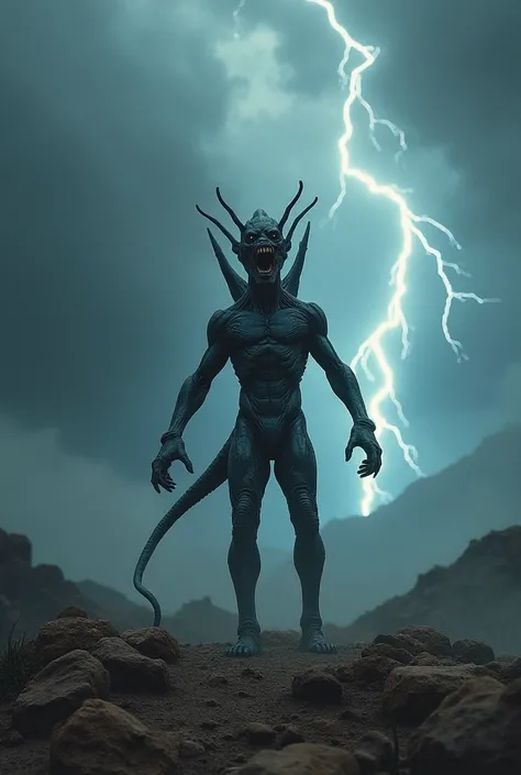 A dramatic portrayal of a lone Mazarek alien roaring triumphantly on a barren mountaintop, with its elongated arms raised to the sky. A storm brews in the background, lightning illuminating its menacing form.