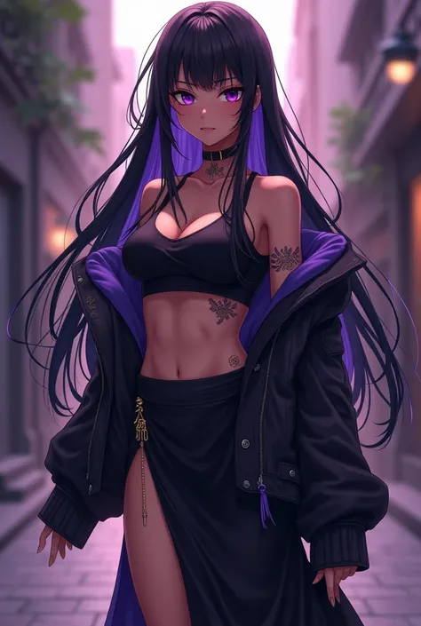 An anime-style e-girl with black hair with purple tips and black skin/brown with purple eyes , and wearing a black top leaving the abdomen out and wearing a long black Japanese skirt wearing a jacket