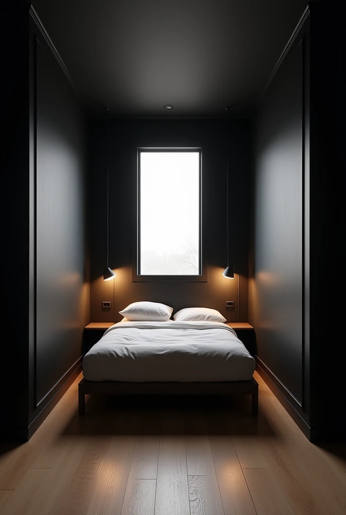 Bedroom with black walls and fake wood flooring  and white  window and bed of one persoone with two wall lampe  before  the bed and chabre mesure is 3 feet of 2.5 feet