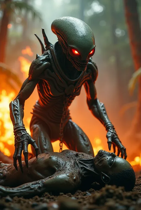 A terrifying scene of a Mazarek alien standing over a defeated foe, its claws dripping with an unknown substance. The alien’s posture and glowing red eyes convey dominance, while a burning alien jungle rages in the background.