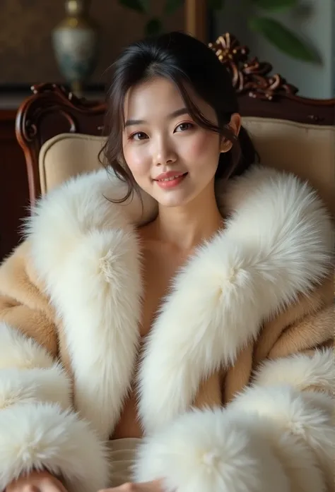 Beautiful asian woman, wears a very thick fur coat in white and sand mink ,  assise sur ses fesses rebondies et souriante.