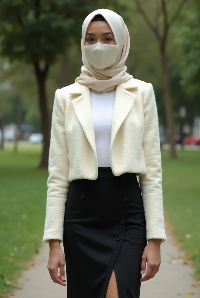  a hijab woman , face covered with veil , hijab cream ,  wears cream-colored tweed crop blazer white underwear, Black skirt,  white sports shoes ,  standing , in the park ,  more real photos and details ,  super realistic quality .