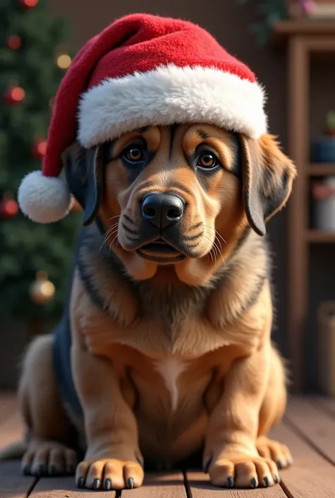  LARGE ADULT  DOG with short hair LIGHT BROWN MIXED WITH BLACK with the face and eye socket LIGHT BROWN MIXED WITH BLACK mixed with light brown and droopy ears,  He has a Santa Claus hat DIVIDED INTO THREE THICK STRIPES OF RED COLORS , blue and white 
