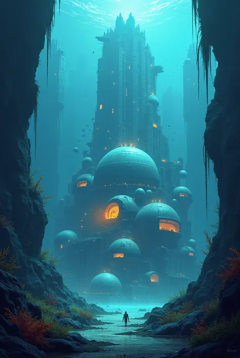 A minimalistic illustration of a futuristic underwater city, partially in ruins, with glowing lights emanating from dome-shaped buildings, surrounded by vibrant marine life and submerged vegetation.