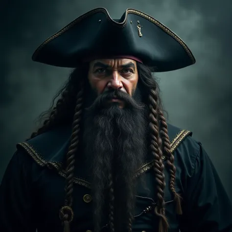 The face of Blackbeard in focus with his braids that glow at the ends with a black pirate hat and a grin the picture is kept quite gloomy 