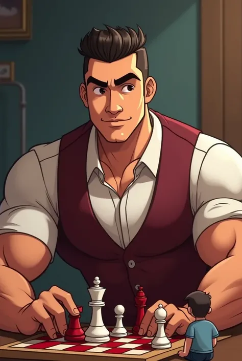 I am a cartoon with fitness muscles with thick hair and a very short haircut. He shows a very self-confident face wearing a burgundy vest and a white shirt, playing dark red chess. The opponent has a white chess, playing a king and hitting the opponents ki...