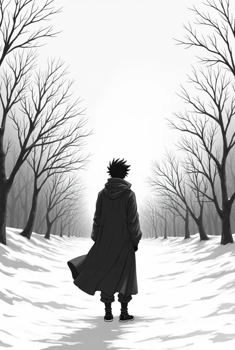 a drawing of a person standing in front of a snow covered sky, pin on anime, in manga style, black and white manga style, black and white manga page, black and white manga panel, tsutomu nihei style, ( ( ( yoshinari yoh ) ) ), in an anime style, kentaro mi...