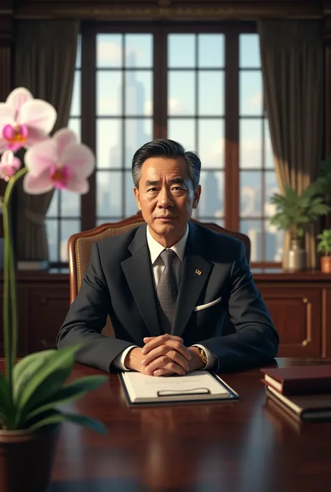  Japanese、 Super Realistic Pictures 、 President in his 40s sitting in the presidents office、Phalaenopsis orchids are displayed 