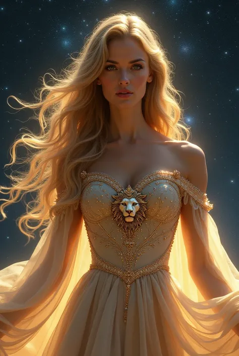 A majestic woman with voluminous golden ,  hair wearing a long dress with constellation prints and an embroidered lion on her bodice. Background with a starry sky."