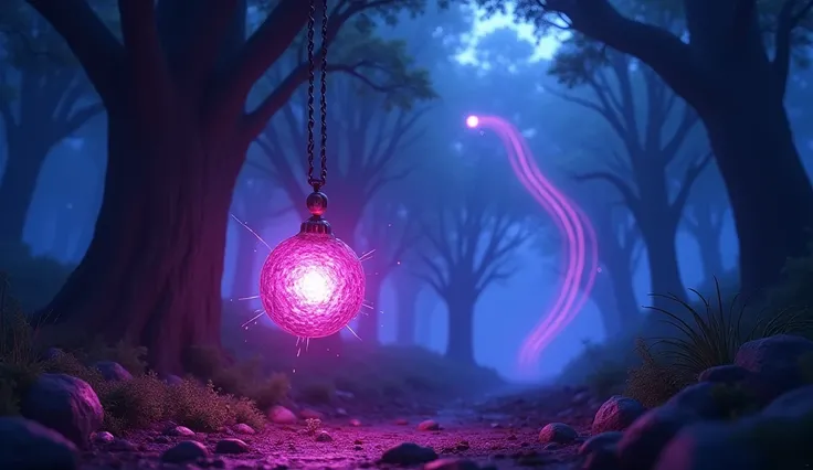 A dramatic and magical scene, with vibrant effects and full of movement, in the Disney Pixar style. focuses on an amulet on a string that begins to glow intensely, creating a vortex of light in tones of purple, blue and neon pink. In the background, a fore...